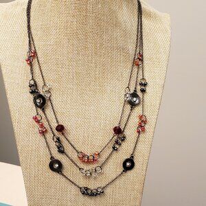 christopher & banks NWT black gunmetal multi layer red clear beaded necklace